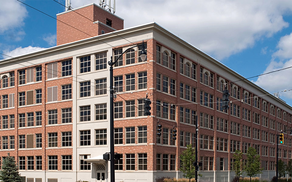 The corner of a commercial real estate building.